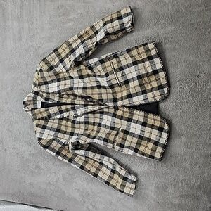 Vintage Emblem Plaid Blazer Women's S Jacket White black and Grey Tan Linen